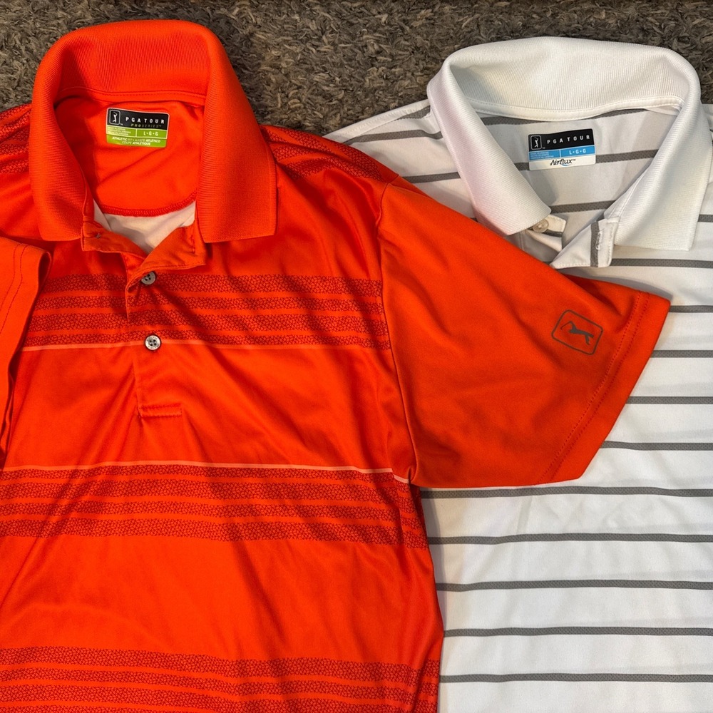 Lot Of 2- PGA TOUR Polo Coral Orange & White‎ Short Sleeve Golf Men's Large